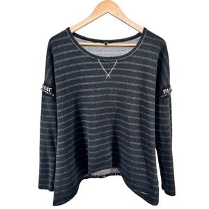 GUESS Surca Fleece Sweater Sz Med Dark Coal Glitter Striped Embellished Sleeves